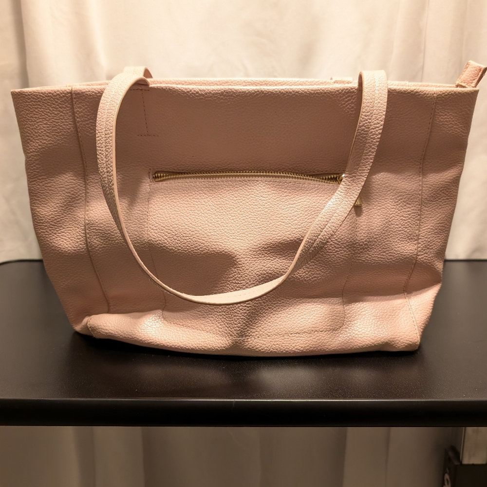 Faux Leather Pink Tote Bag With Zipper Front Pocket.